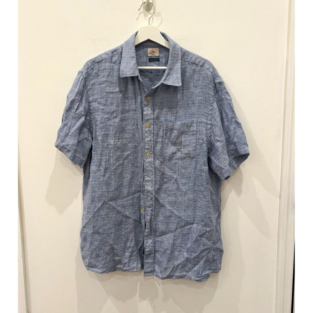 Faherty Palma Linen Mens XL Blue Solid Short Sleeve Button-Up Shirt Pockets